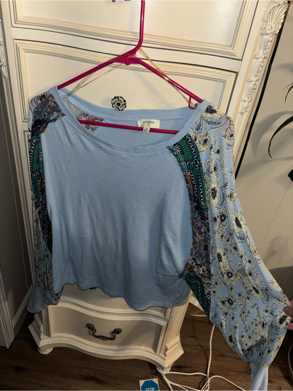 Umgee Light Blue Mixed-Print Raglan Women's Top